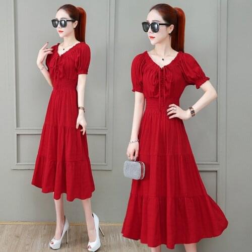 Hot Sale Short Bubble Sleeves Long Big Swing High Waist Slim A-line Chiffon Women Summer dresses Roupa Feminina Vestido 6539