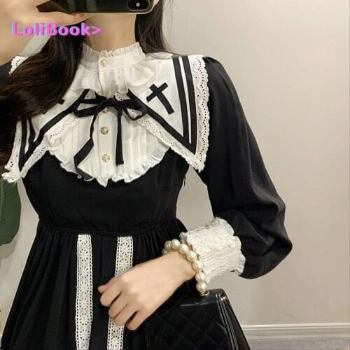 Japanese Black Vintage Dress Women French Elegant Gothic Lolita Dress Female Lace Long Sleeve Evening Party Dress Korea Autumn