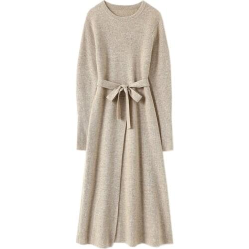 High-end womens winter warm crew neck long sleeve 100% cashmere dress pullover