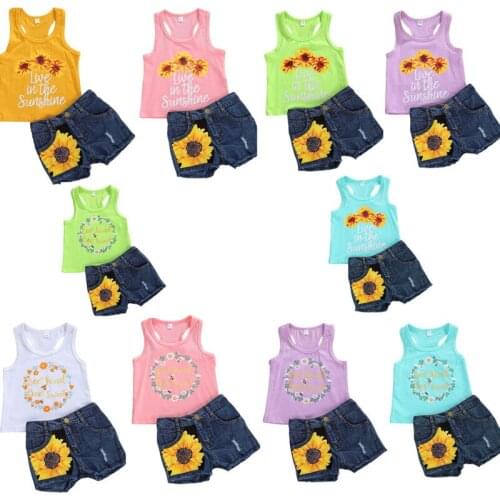 Kids Infant Baby Girls Sunflower Fashion 2Pcs Outfit Set Garland Print Tank Top and Denim Shorts Set Wholesale