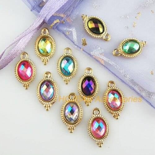 20 New Oval Charms Gold Color Flower Acrylic Mixed AB Pendants 9x17mm