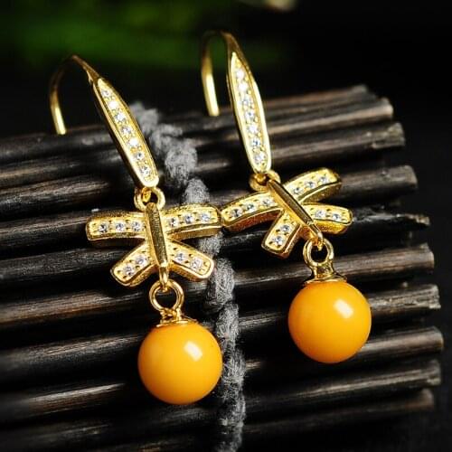 925 silver inlaid natural genuine honey wax ball drop Amber egg face jade butterfly earringearrings earrings embellishment women