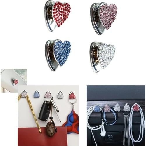 Sparkling Crystal Heart-shaped Vehicle Dashboard Key Headphone Bag Hanger Multifunctional Home Self Adhesive Handbag Mini Hook