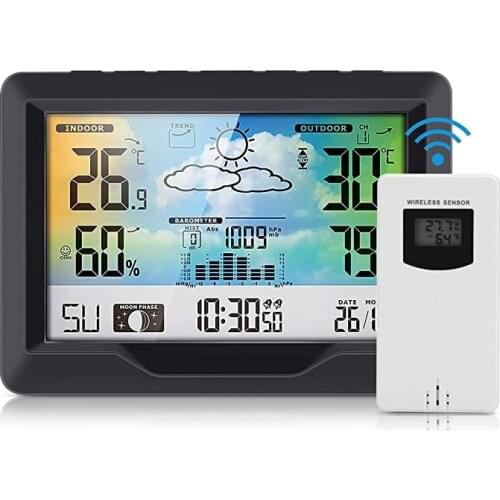 Digital Weather Station Wireless LCD Display Outdoor Sensor w/ Alarm Clock/Temperature/Humidity/Forecast/Moon Phase/Barometric