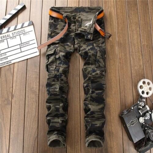 Korean Camouflage Joggers Slim Fit Jeans Multi Pocket Cargo Denim Pencil Pants Men Autumn Fashion Famous Brand Jeans Trouser New