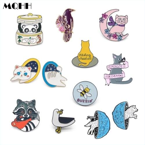 Cartoon Animal Cat Dog Panda Bird Wolf Dove Pink Flower Moon Enamel Brooch Alloy Badge Denim Clothes Bag Pin Cute Sweet Jewelry