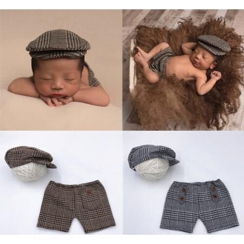 Newborn Photography Clothes Studio Infant Photo Props Accessories Baby Boys Hat+Shorts Set British Style Gentleman Plaid Costume