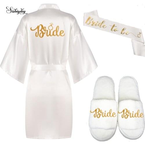 NEW glitter gold bride robe with ring women satin slippers bride to be sash set wedding Party getting ready 2020 kimono robes