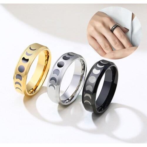 Fashion Moon Engagement Rings Women Men Gold Color Black Silver Color Stainless Steel Eclipse Finger Ring