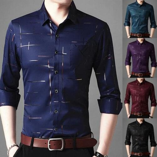 2021 Mens Dress Shirts Male High Quality Long Sleeve Slim Business Casual Shirt Turn Down Collar Stripes Single-breasted