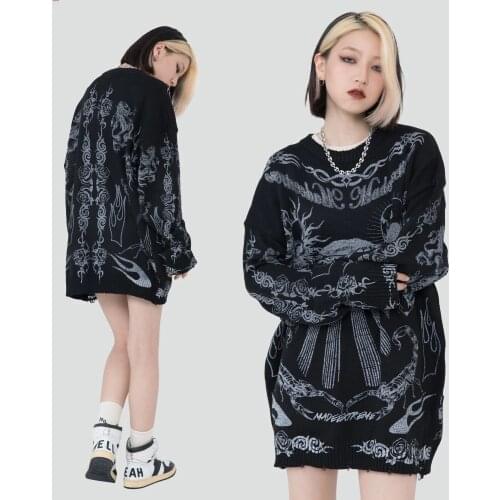 Oversized Sweater Men Women Harajuku Skull Graffiti Vintage Knitted Sweater Unisex 2021 Autumn Winter Hip Hop Cotton Pullover