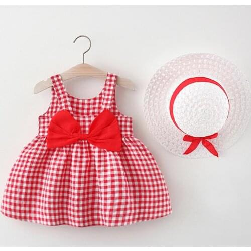 2021New Summer Baby Girls Dresses 2pcs Clothes Sets Kids Clothes Baby Sleeveless Birthday Party lattice Princess Dress +Send hat