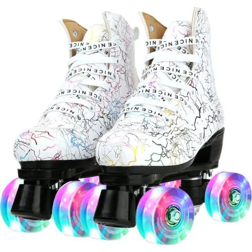 Pu Leather Roller Skates Shoes With Flash Pu Wheel Brake Fashion Patines Lace-Up Sneaker Double Row Adult Women Patins 36-45