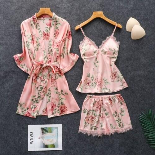 Pink Lady 3PC Strap Top Pants Suit Pajamas Sleepwear Sets Womens Home Wear Nightgown Sexy Kimono Robe Bath Gown Nightdress