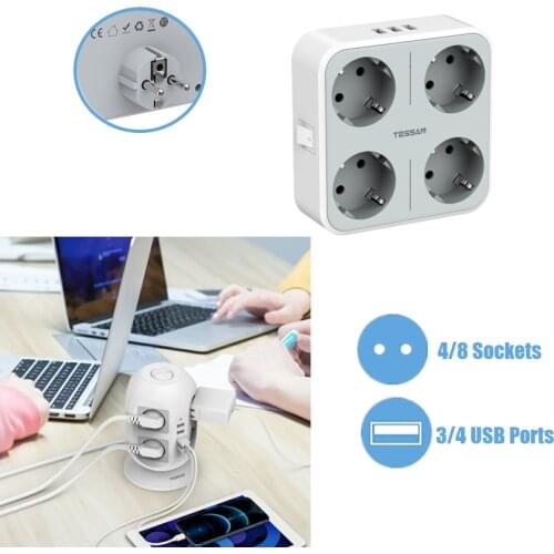 Desktop USB Power Strip Tower with 8AC Outlets and 4 USB Ports 2M Extension Cable On Off Switch EU Plug Socket for Home Office