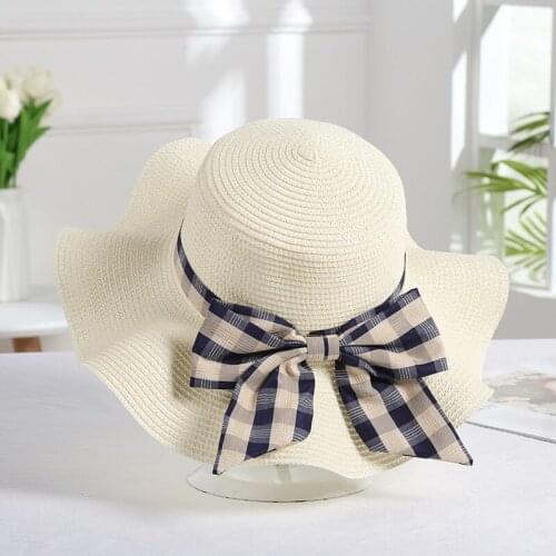 New Summer Pearl Straw Hat 2021 Women Big Wide Brim Beach Hat Bow Tie Sun Hat Foldable Panama Hat Bone Feminino