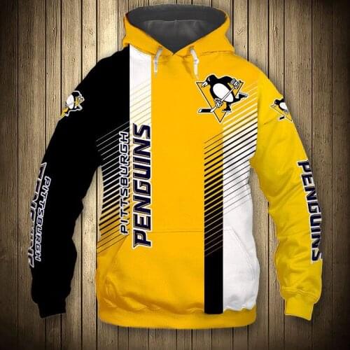 Yellow Black Stripes Stitching Cartoon Penguin Print Sweatshirt Pittsburgh mens Casual Penguins Hoodie