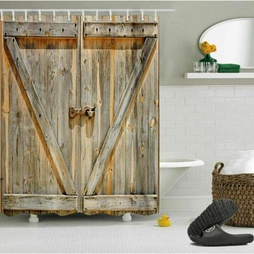 Rustic Barn Door Shower Curtain Set with Hooks Bath Screen Vintage Wooden Gate Waterproof Fabric Shower Curtain Set for Bathroom