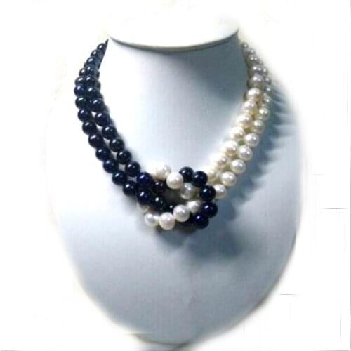 Wedding Woman necklace 18'' 9MM White Black Pearl half mixed Natural Freshwater pearl Necklace Real Pearl Handmade Gift