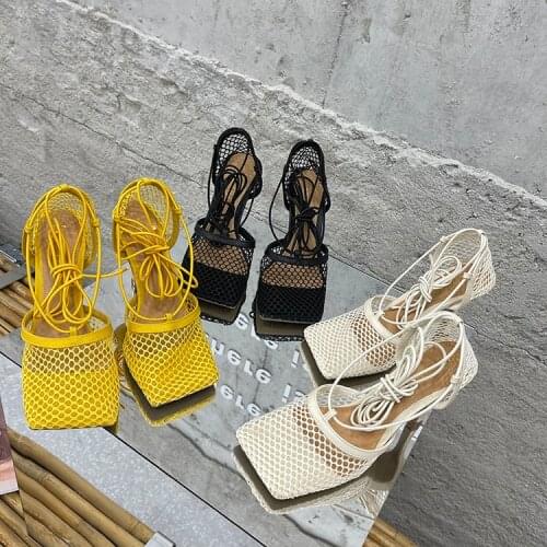 Summer New Internal Celebrity Fashio Stiletto High Heels Square Toe Shallow Cut Out Cover Heels Cross-tied Mesh Women Sandals