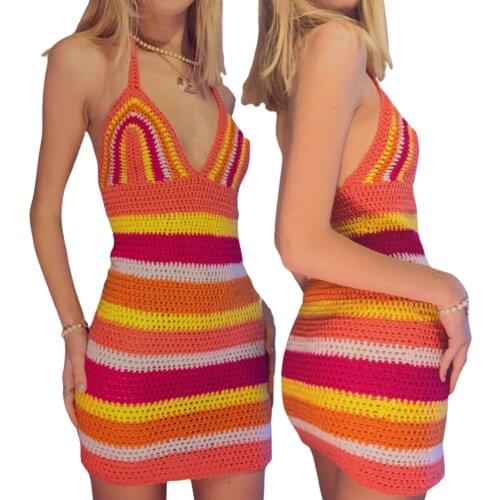 Summer Backless V-neck Halter Vest/Dress Colorful Beach Knitted Camisole/Dress Streetwear Vestido Color Block Tank/Dresses