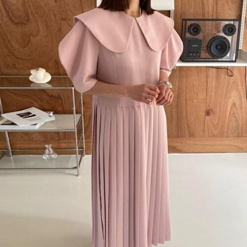 Pullover Pink Dress For Women O Peter Pan Collar Short Sleeve High Waist Ruched Solid Ankle Length Dresses Female 2021 X212