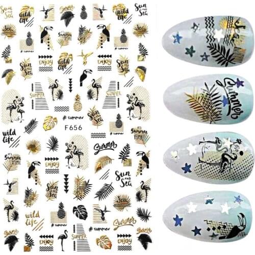 1pc 12.2*7.6cm 3D Nail Sticker Black Gold Letter Maple Leaf Flamingo Nail Art Stickers Manicure Stickers For Nails Decorations