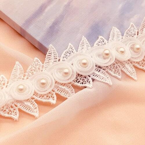 15Yards 3D Chiffon Pearls Flower Embroidered Lace Trim Water Soluble Ribbon Fabric Applique Sewing Supplies Craft Decoration