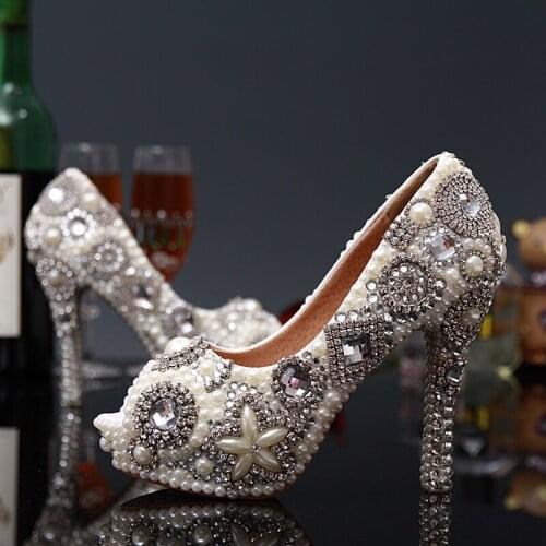 2020 Unique High Heeled Bridal Shoes Pearl Rhinestone Wedding Dress Shoes Peep Toe Waterproof Woman Party Prom Shoes