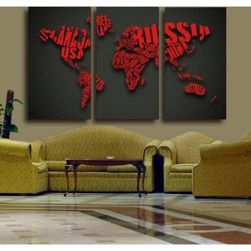 3 PCS World Map Red Wall Painting Large HD Picture Home Decor Digital Picture Words Map Home Decorative Canvas Poster NO Frame
