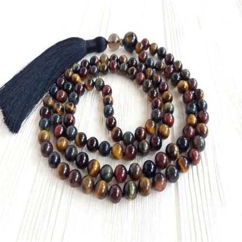 8mm Tiger eye 108 Beads Handmade Tassel Necklace Spiritua Tibetan Meditation Classic Religious Japa