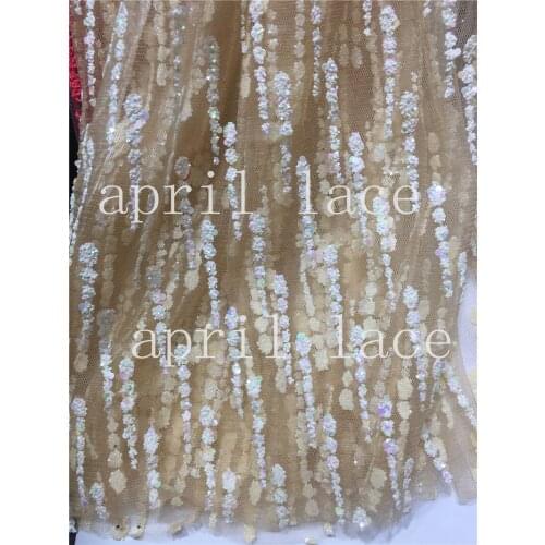 Ap205 # 5 yards cream sequin gold mesh romantic hand print glued glitter net tulle mesh sugar lace fabric for sawing dress