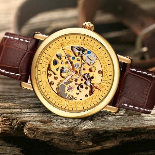 SKMEI Mens Gold Hollow Automatic Mechanical Watch Hard Hardness Glass Leather Bracelet Waterproof Men Wrist Watch relojes 9229