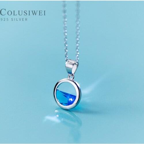 Colusiwei Authentic 925 Sterling Silver Ocean Blue CZ Stone Clear Spring Pendant Necklace for Women Chain Link Jewelry Gifts