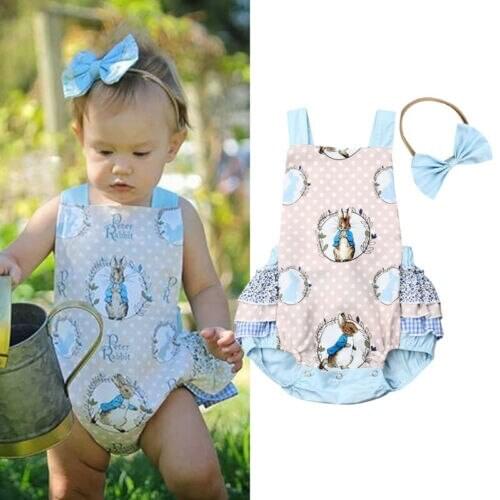 Cute Newborn Baby Girl Bunny Sleeveless Bodysuit Jumpsuit+Headband Clothes Outfit Summer Clothes 0-24M