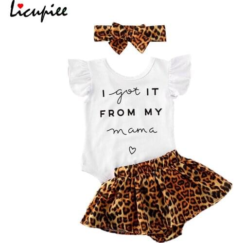 3pcs Set 2020 Baby Summer Clothing Newborn Infant Baby Girl Letter Print Bodysuits Leopard Skirts Headband Sunsuit 0-24 Months