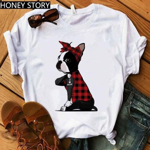 Vogue Red Plaid Dog T Shirt Boston Terrier I Love Mom T-shirt Women Hararuku Mama T-shirt Female Summer Short Sleeve Tshirt