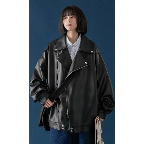 Korean Loose Black Faux PU Leather Jacket Women Lapel Long Sleeve Female Biker Jacket Oversized Streetwear Fashion Spring Autumn
