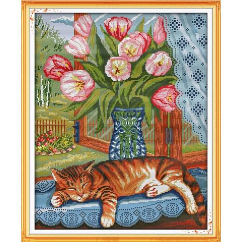 Cat on the windowsill cross stitch kit 18ct 14ct 11ct stitching embroidery DIY handmade needlework