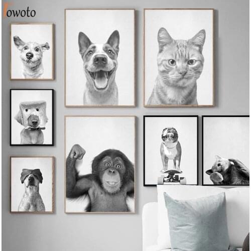 Smiley Face Baby Cat Dog Wall Art Black White Funny Animals Wall Posters Canvas Painting Nordic Modern Decoration Home Pictures