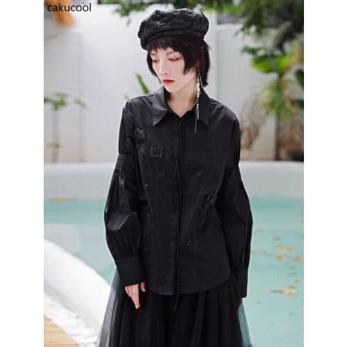 Cakucool Cakucool New Long Sleeve Black Street Fashion Cool Black Shirt Irregular Floating Bandwidth Long Sleeve Lapel Shirt Top