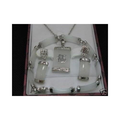 Charming real white jades Tibet Silver necklace earring bracelet Free shipping