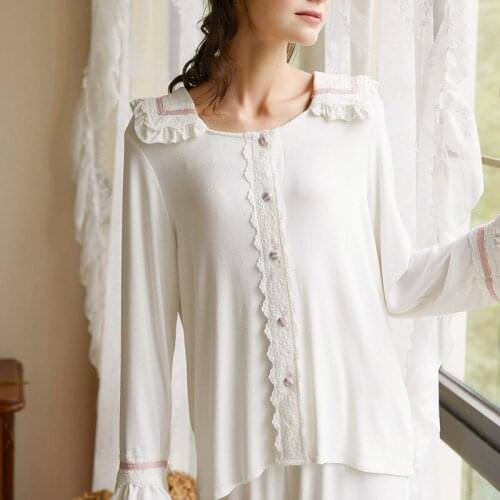 Autumn New Palace Style Women Long Sleeve Two-piece Suit Solid Casual Homewear Pajama Set Soft Cotton Nightclothes Loungewear