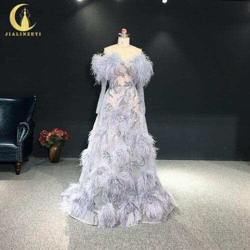 JIALINZEYI Real Sample Image Zuhiar Murad Purple Long Sleeves Off the shoulder Feather Beads Fromal Dresses Evening Dresses