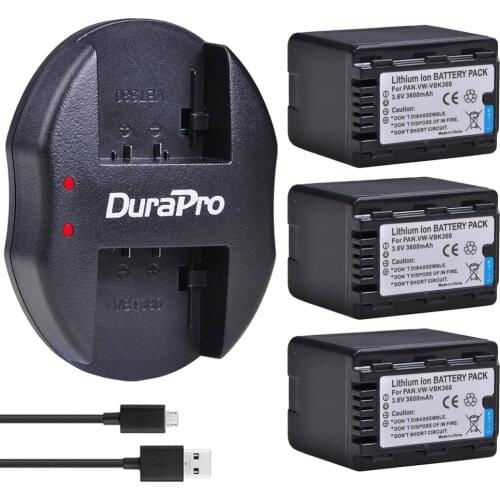 3x 3600mAH VW-VBK360 VW VBK360 Replacement Battery +USB Charger for Panasonic HDC-HS80 SD40 SD60 SD80 SDX1 SDR-H100 H85 H95 HS60