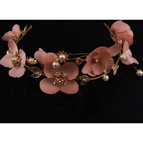 Vintage Imitation Pearl Bridal Tiaras Hairwear Pink Lace Jewelry Ribbon Wedding Hairband Crowns for Bridesmaid Hair Accessories