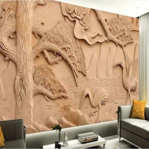 Wellyu Custom large fresco large wood carving crane fresco TV background wall wallpaper papel de parede para quarto