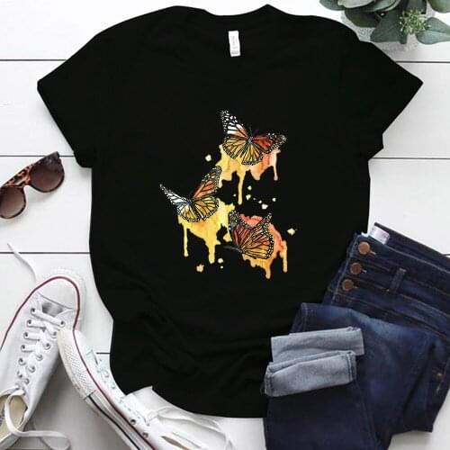 Seeyoushy Three Colorful Butterflies Print Funny T Shirt Women Round Neck Short Sleeve Summer Tee Shirt Femme 2021 Vogue Tops
