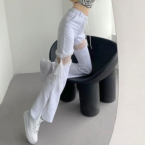 2021 Summer Women High Waist Jeans Sexy Flared Lace Harajuku Pants Patchwork Vintage Streetwear White Hollow Out Wide Leg Jeans