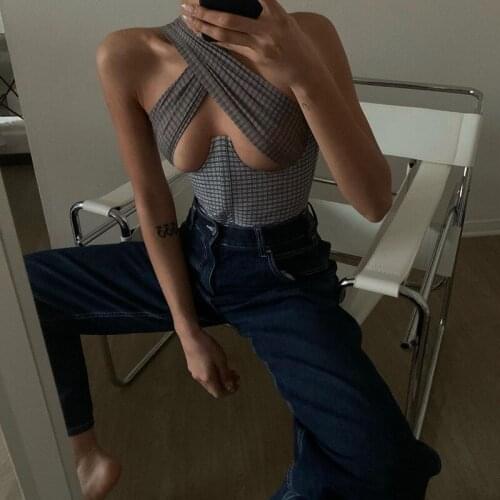 Sexy Women Casual Halter Tops Summer Plaid Printed V Neck Sleeveless 90s Streetwear Tie Up Ruched Hollow Out Tops